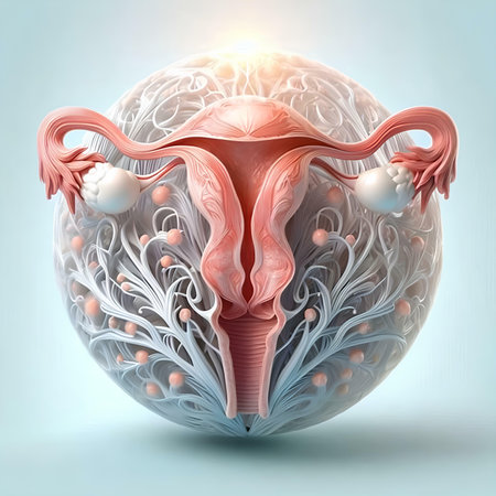Female reproductive system with uterus and ovaries, 3D illustration.の素材