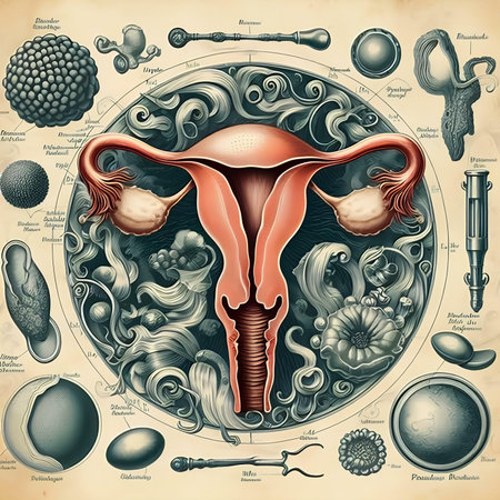 Anatomy of the female reproductive system. Vector illustration in vintage styleの素材