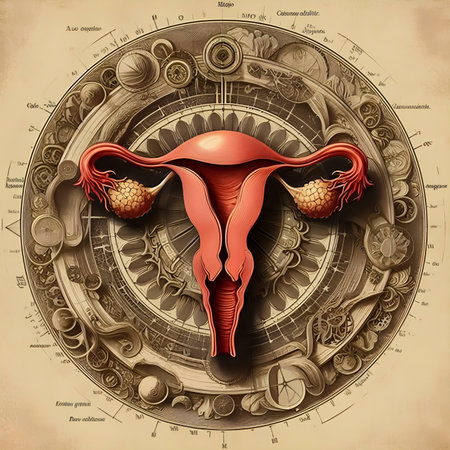 Female reproductive system with uterus and ovaries in vintage style. Vector illustration.の素材
