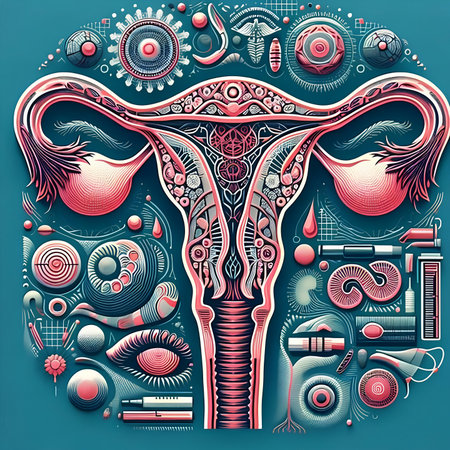 Vector illustration of female reproductive system on blue background. Uterus, ovaries, uterus, ovaries, gynecological organ.の素材