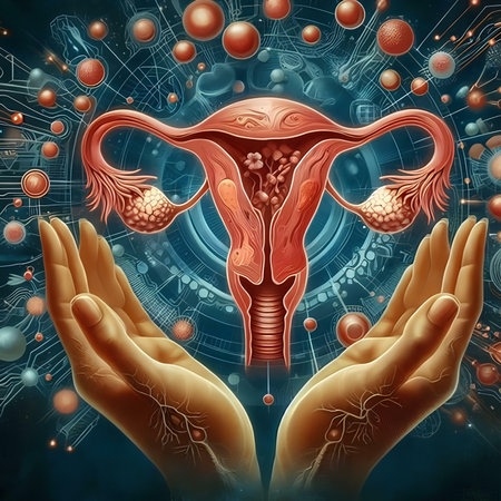 Digital illustration of Female reproductive system in colored background with human handsの素材