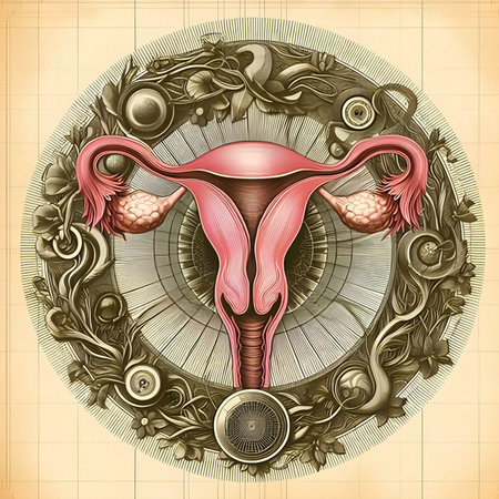 Female reproductive system in vintage style. Uterus, ovaries and uterus. vector illustrationの素材