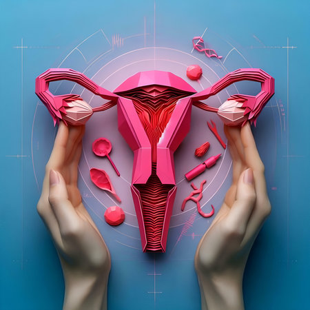 Female reproductive system in female hands on blue background. 3d illustrationの素材