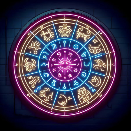 Zodiac sign with zodiac wheel on dark background. Vector illustration.の素材