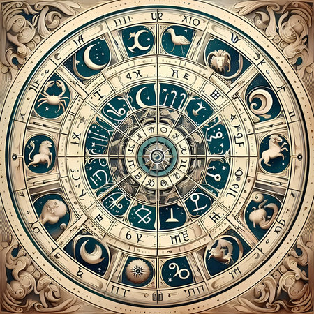 Zodiac signs in the old style. Zodiac wheel. Vector illustration.の素材