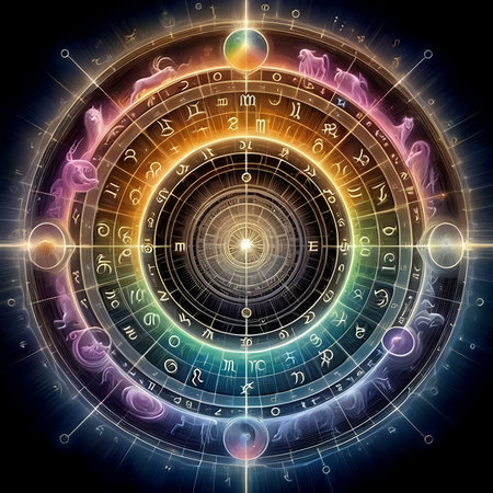 Astrology horoscope circle with zodiac signs, 3d renderingの素材