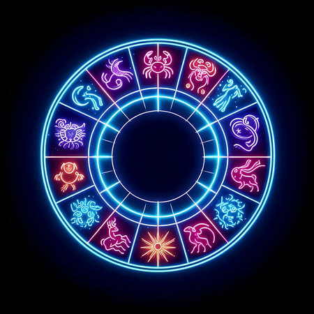 Zodiac circle with zodiac signs on dark background. Vector illustration.の素材