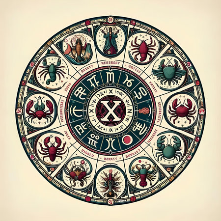 Astrological circle with zodiac signs in vintage style. Vector illustration.の素材