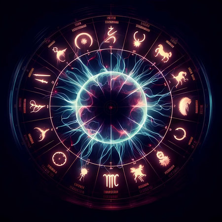 Astronomical chart with zodiac signs on dark background. 3D renderingの素材