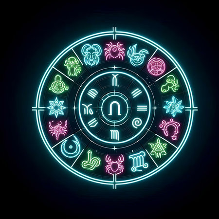 Neon horoscope circle with zodiac signs. Vector illustration.の素材