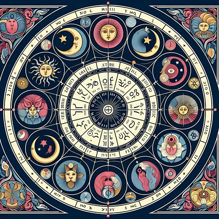 Zodiac signs and symbols in the circle. Zodiac background.の素材