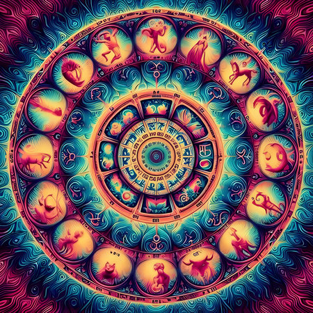 Zodiac sign. Zodiac circle with horoscope symbols on a colorful background.の素材