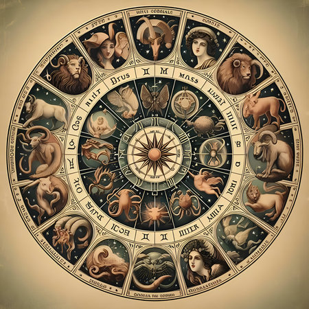 Astronomical clock in vintage style. Zodiac signs. Zodiac symbols.の素材