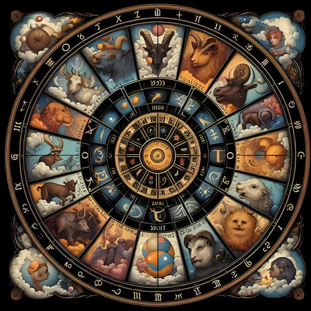 Zodiac circle with zodiac signs. Zodiacal horoscope backgroundの素材