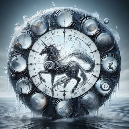 Fantasy illustration of an old clock with a horse in the waterの素材