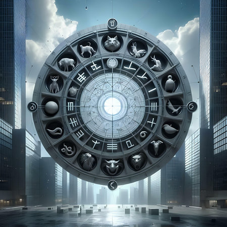Astrological zodiac wheel in modern city. 3D renderingの素材