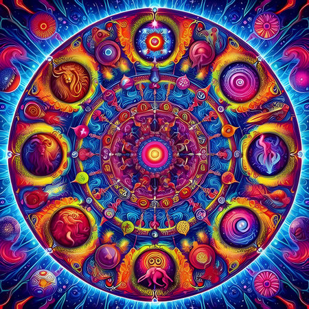 Colorful mandala with zodiac signs. Zodiacal horoscope circle background.の素材