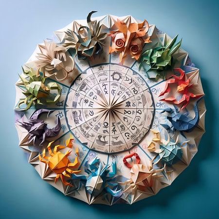 Colorful origami paper stars, zodiac signs and horoscope wheelの素材