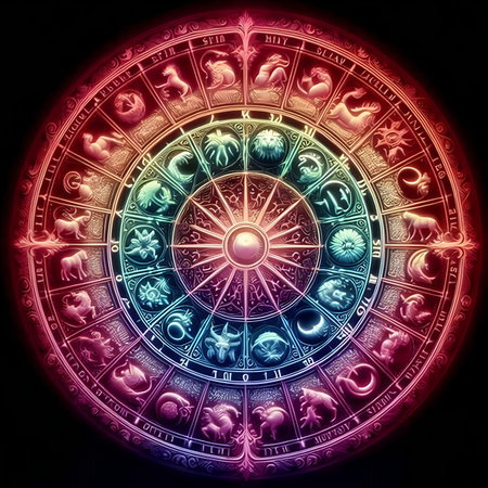 Zodiac circle with zodiac signs on black background. 3D renderingの素材