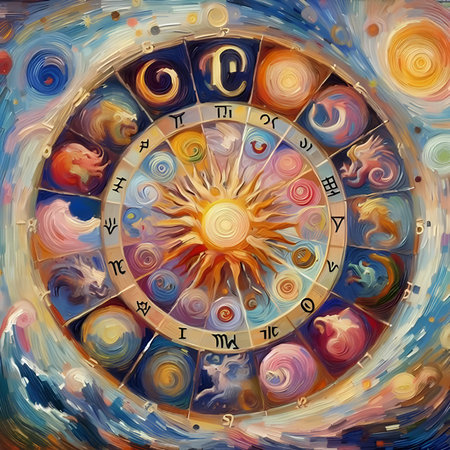 Astronomical clock. Zodiac signs. Colorful background.の素材