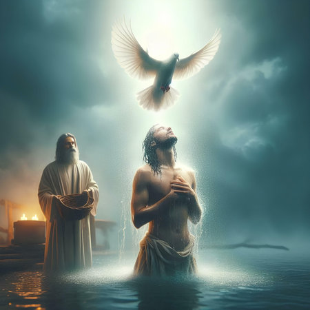 Jesus Christ with the dove of peace on the background of the seaの素材