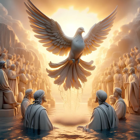 3D rendering of a religious scene with a white dove flying in the skyの素材
