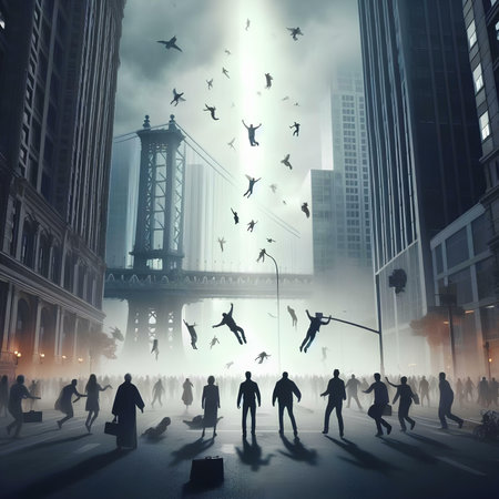 Business people walking in the city at night with fog. 3D renderingの素材