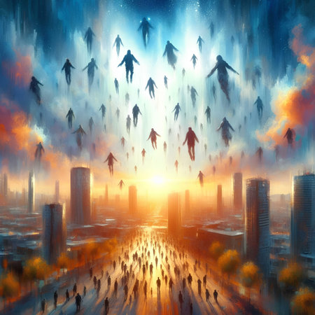 Business people silhouettes flying in the sky, 3d render illustrationの素材