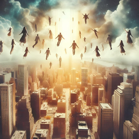 Business people flying in the sky over the city. 3d renderingの素材