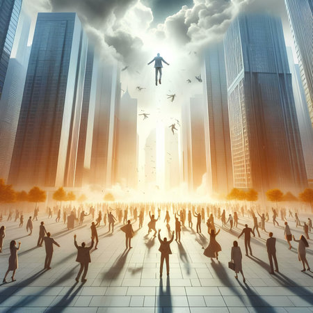 Business people silhouettes with cityscape at background. 3D renderingの素材