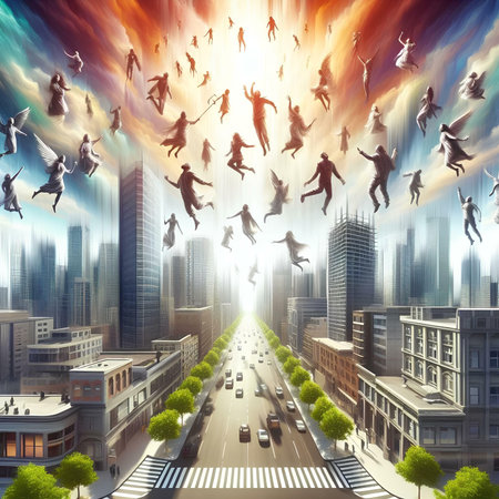 Conceptual image of business people flying over a city street.の素材