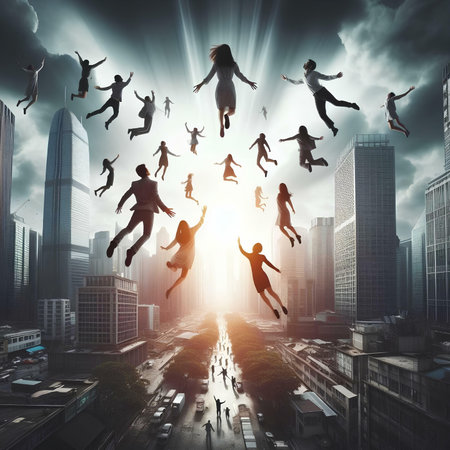 Silhouettes of business people jumping over cityscape. Mixed mediaの素材