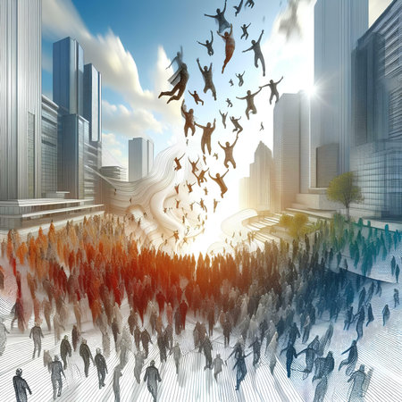 Silhouettes of business people jumping in the air. 3D renderingの素材