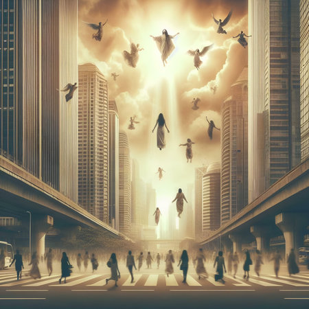 Conceptual image of business people walking in the city at sunsetの素材