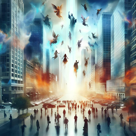 Business people walking on the street with flying birds in the sky.の素材