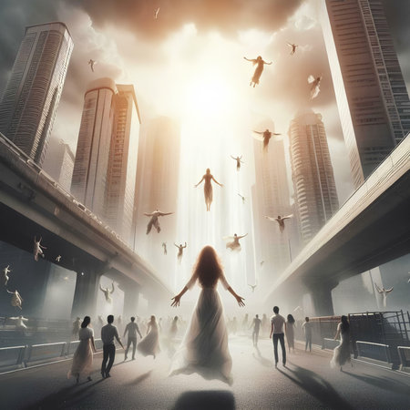 Woman in white dress walking in the middle of the city. Mixed mediaの素材