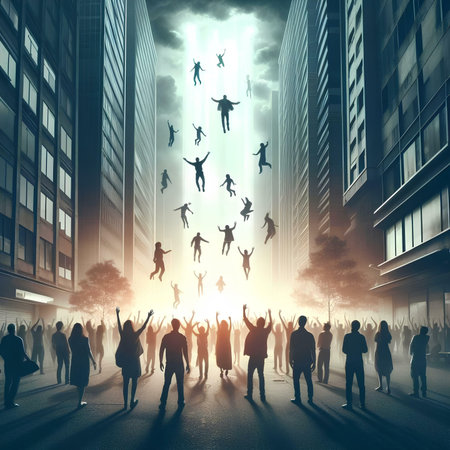 Silhouettes of people and flying people on city background. Mixed mediaの素材