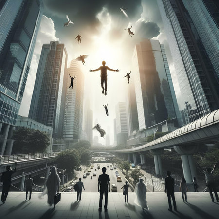 Business people flying in the sky above the city. 3D renderingの素材