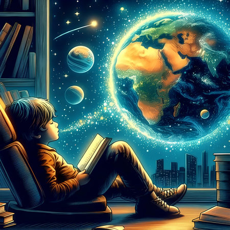 Boy reading a book on the background of the planet. Vector illustration.の素材