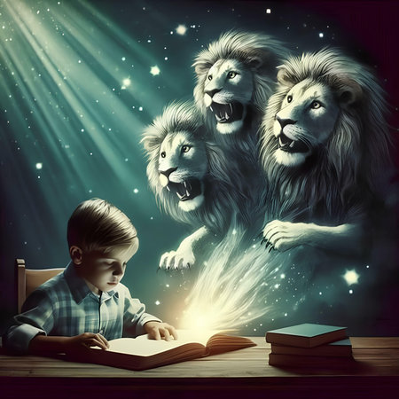 Cute boy reading magic book with lion and rays of light aboveの素材