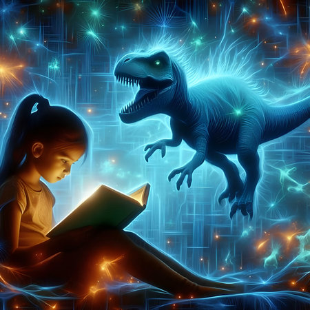 Illustration of a girl reading a book with a dinosaur in the backgroundの素材