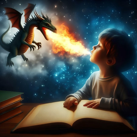 Little boy reading fairy tale book with dragon flying out of the bookの素材