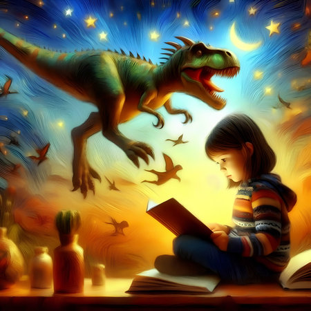 Little girl reading a book with a dinosaur on the background of the night skyの素材
