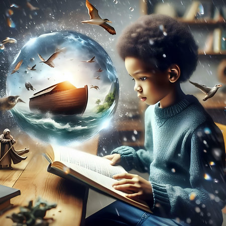 Cute little boy reading book and dreaming about future. Mixed mediaの素材