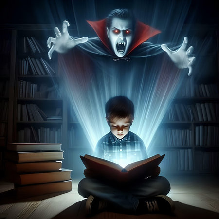 Boy reading a book with scary vampire face coming out of the bookの素材