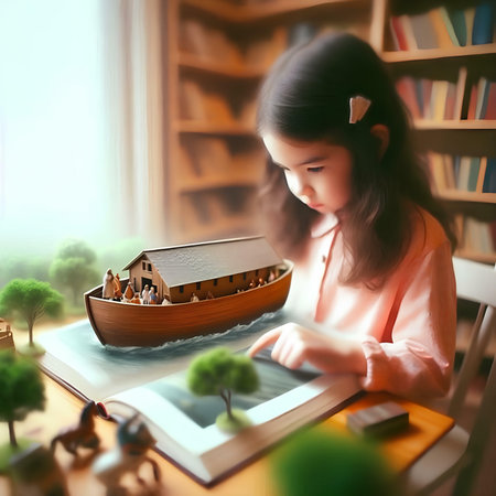 Little girl is reading a book with a model of the house.の素材