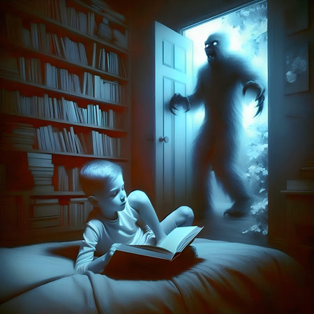 Boy reading a book with a scary ghost coming out of the doorの素材