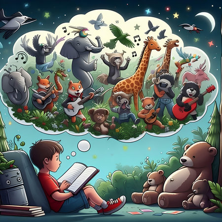 Cartoon illustration of a boy reading a book surrounded by wild animalsの素材