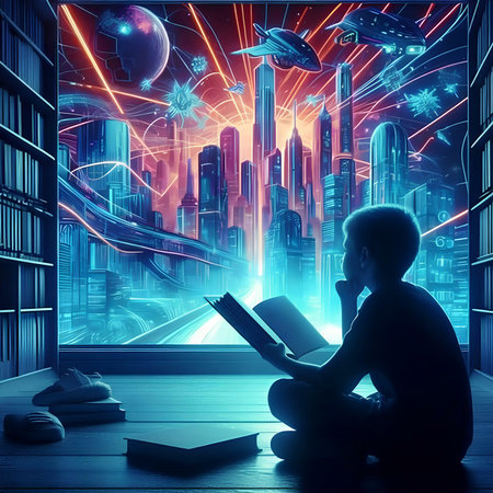 Man reading a book on the background of the night city. 3D renderingの素材