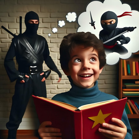 Little boy with a book in his hands. A boy in a costume of a ninja with a book in his hands.の素材